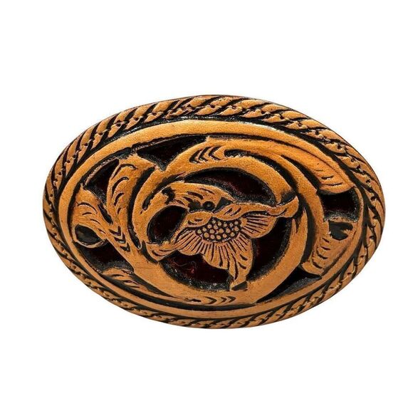 Vintage Tooled Leather Western Belt Buckle Brown - Picture 1 of 2